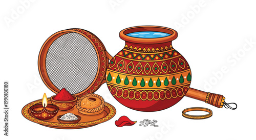 Traditional Indian Karwa Chauth festival essentials decorated pot, sieve, diya, bindi, and bangles