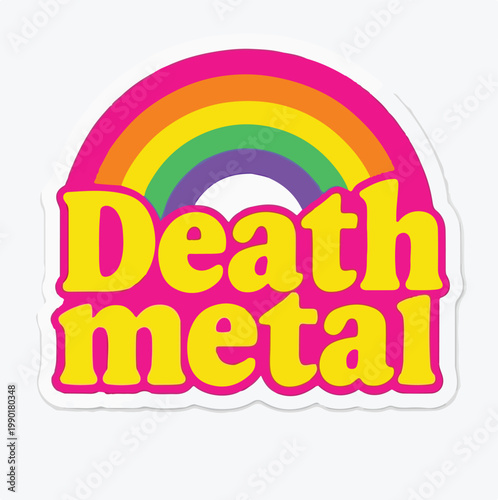 Retro death metal design featuring vibrant rainbow colors and bold yellow lettering stands out against a pink background