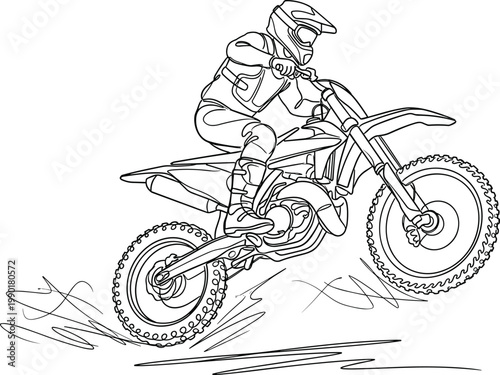 Motocross rider performing jump on dirt bike extreme off road racing action line art vector illustration