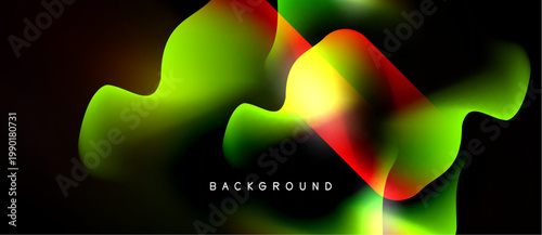 Abstract fluid shapes overlap, creating vibrant color gradients. Dark background emphasizes bright green, red, yellow hues. Modern design element.