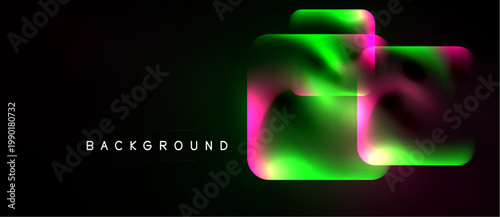Abstract fluid shapes overlap, creating vibrant neon glow effect on dark background. Modern design element.