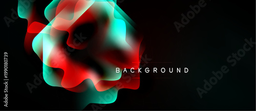 Abstract fluid shapes, vibrant colors blend. Dark background emphasizes glowing forms, modern design element.