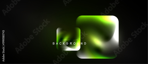 Dark backdrop features vibrant green, white squares. Fluid shapes create modern abstract design. Text reads BACKGROUND.