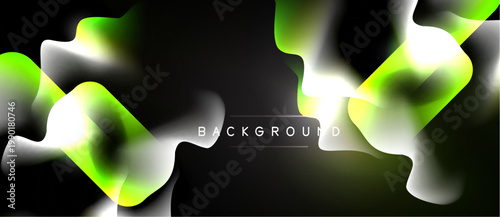 Abstract fluid shapes, vibrant green, white hues over dark background. Modern design, dynamic composition, text background present.