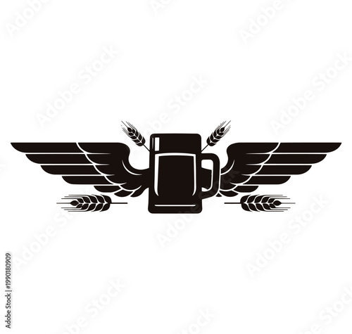 Black silhouette of beer mug with wings and wheat ears on white background