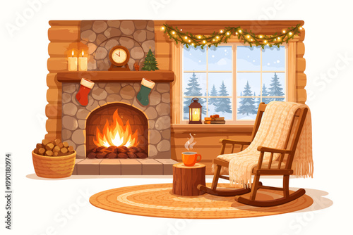 Cozy winter cabin interior with a glowing stone fireplace, wooden rocking chair, steaming mug, and snowy forest view through the window in a warm rustic illustration