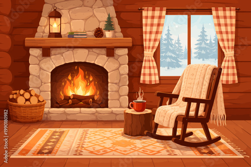 Cozy winter cabin interior with a glowing stone fireplace, wooden rocking chair, steaming mug, and snowy forest view through the window in a warm rustic illustration