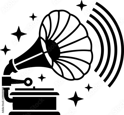 Vintage gramophone illustration with sound waves and stars