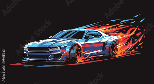 High-energy vector illustration of a powerful modern muscle car on a dark background. Intense fire flames and multi-colored speed trails erupt from the rear. Ideal for racing themes.