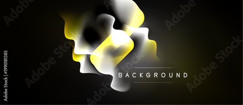 Abstract fluid shapes, yellow, white, gradients over black background. Modern design element, dynamic composition.
