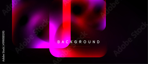 Abstract fluid shapes, vibrant magenta, red hues dominate dark background. Text background present, minimalist design.