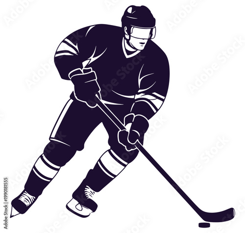 Ice hockey player in action with stick and skates on ice rink