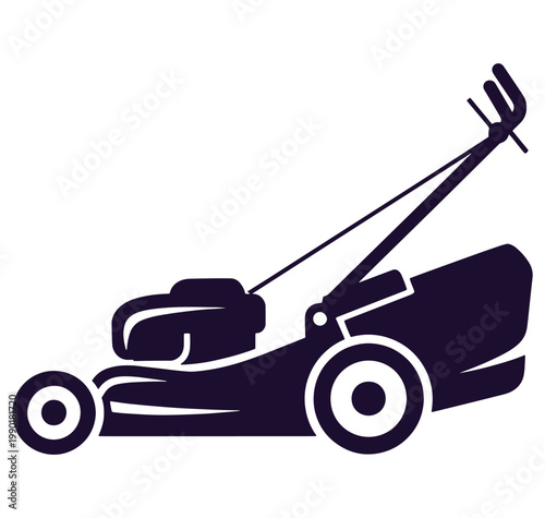 Lawn mower icon with wheels and handle for gardening and landscaping tasks