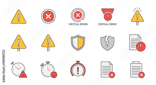 Set of Warning and Error Icons: Alert, Danger, Critical Error, Exclamation Mark, Broken Shield