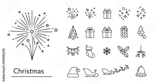 Christmas Icons Set: Fireworks, Gifts, Tree, Snowflakes, Santa Hat, Sleigh, Bell