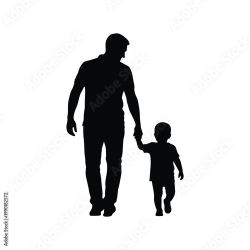 Father's Day silhouette of dad and child walking hand in hand, family love concept