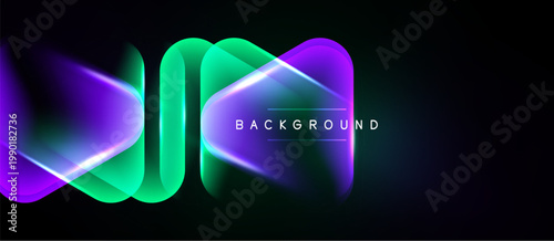 Abstract neon shapes overlap, creating vibrant glow. Dark background emphasizes bright colors, modern design element.