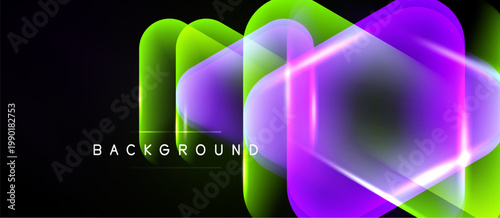 Abstract neon hexagons overlap, creating vibrant light effects. Dark background emphasizes glowing shapes, modern design element.