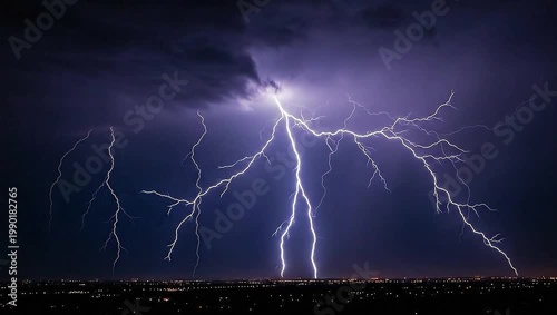 Awe-Inspiring Lightning Strikes Illuminate the Dark Night Sky Above a Vibrant Cityscape During a Powerful Thunderstorm, Showcasing Nature's Raw Electrical Power and Dramatic Beauty