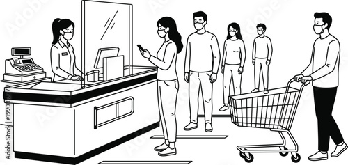 Supermarket checkout scene with cashier and customers wearing face masks queue shopping cart retail store vector illustration