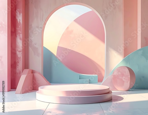 A pastel-colored room with a podium and geometric shapes