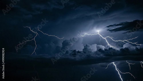 Dramatic lightning strikes illuminate a dark, stormy sky with a reflection on the water below
