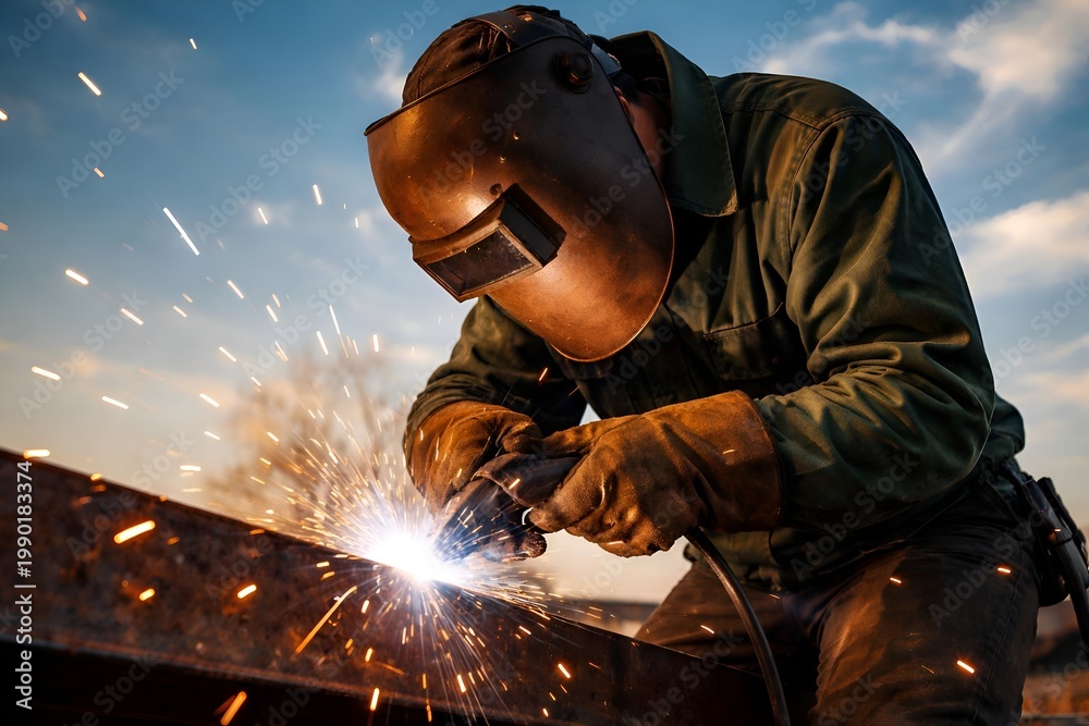 Fototapeta premium A welder wearing protective gear works on a metal beam outdoors.