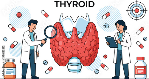 Thyroid gland medical concept with doctors examination hormones treatment endocrinology healthcare diagnosis and medicine flat vector illustration