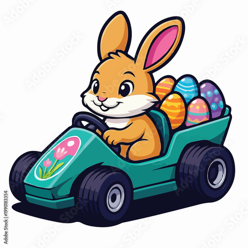 Adorable cartoon bunny happily driving a race car filled with colorful painted Easter eggs on a bright white background