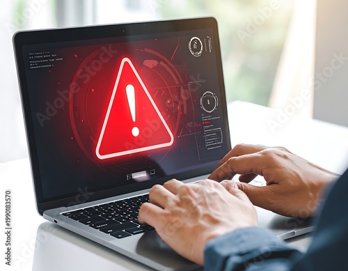 A person interacting with a laptop displaying a warning sign