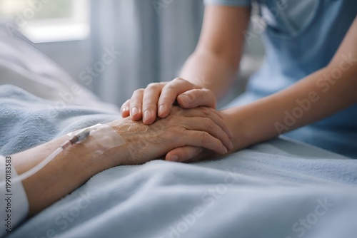 Close up of nurse holding elderly patient hand in hospital
