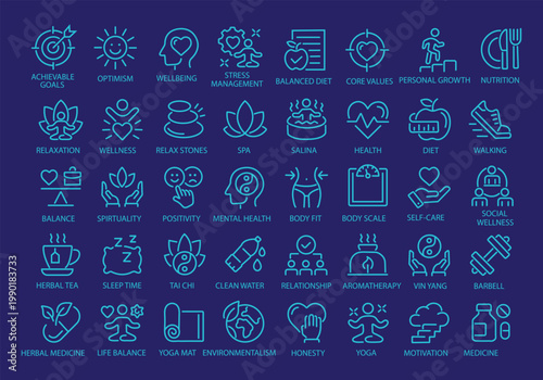 Wellness thin line icon set. Improving and restoring physical, mental and emotional health. Yoga, wellbeing, relaxation, spa, healthcare, aromatherapy - stock vector.