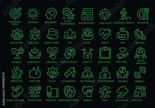 Wellness thin line icon set. Improving and restoring physical, mental and emotional health. Yoga, wellbeing, relaxation, spa, healthcare, aromatherapy - stock vector.