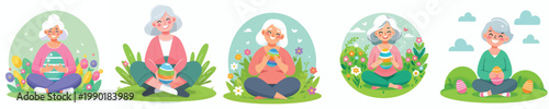 vector of a grandma sitting in the park holding an Easter egg