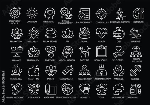Wellness thin line icon set. Improving and restoring physical, mental and emotional health. Yoga, wellbeing, relaxation, spa, healthcare, aromatherapy - stock vector.