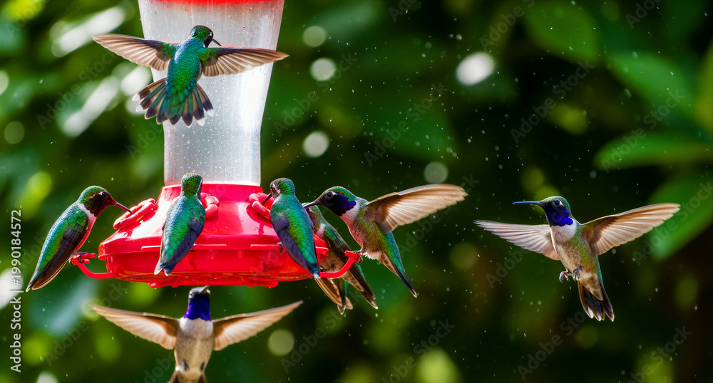 Naklejka premium Multiple hummingbirds hovering and feeding at a red plastic feeder. Tiny vibrant birds gathered in a lush green backyard garden. Wildlife photography ideal for nature and conservation marketing.