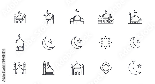 Islamic Icons: Mosques, Crescent Moons, Stars - Thin Line Art Collection