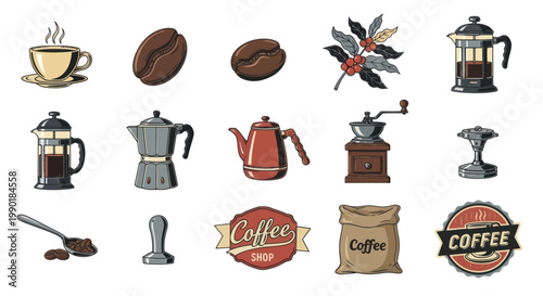 Coffee Collection Icon Set: Beans, Cup, Grinder, Press, Moka Pot, Bag