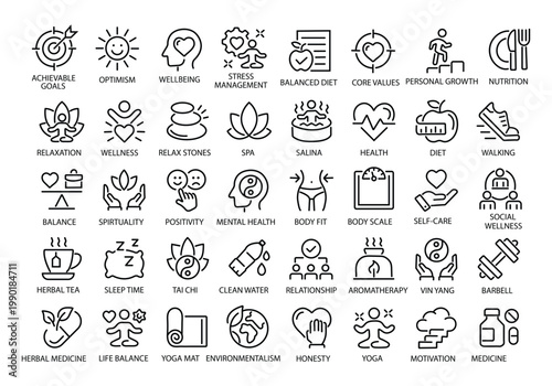 Wellness thin line icon set. Improving and restoring physical, mental and emotional health. Yoga, wellbeing, relaxation, spa, healthcare, aromatherapy - stock vector.