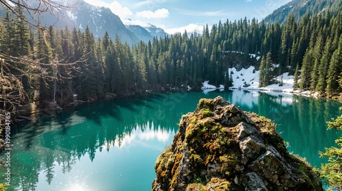 Serene Turquoise Lake Reflects Dense Evergreen Forest and Snow Capped Mountains Under Bright Sunlight Sky
