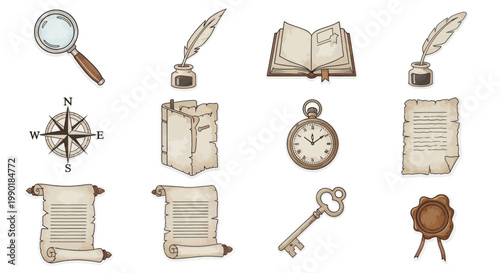 Vintage Objects Collection: Magnifying Glass, Quill, Book, Compass, Key, Scroll, Wax Seal