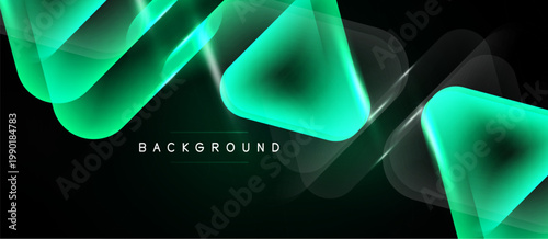 Abstract green layers overlap black background. Dynamic lighting creates glowing effect, modern design element.