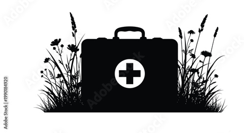 A black silhouette of a medical kit amidst wildflowers and tall grass
