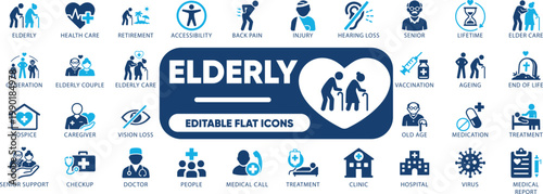 elderly editable icon set. senior, care, aging, health, age, illustration, pensioner, support. and solid icons collection.