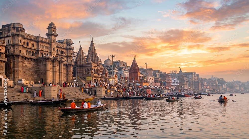 Fototapeta premium Varanasi ghats at sunrise with boats on Ganges river, spiritual and cultural landscape India