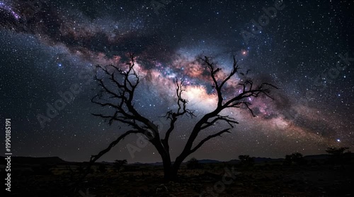 Silhouette of a Gnarled Tree Under the Vibrant Milky Way Galaxy at Night in a Desert Landscape