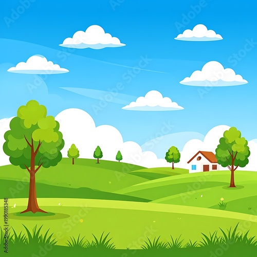 A serene cartoon landscape with rolling hills, trees, a house