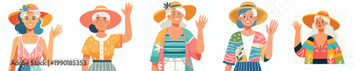 half body vector of a grandma standing waving hand with summer clothes