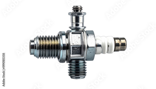 A detailed studio shot showcases a silver spark plug against a stark black background, highlighting its intricate metallic components and engineering design.