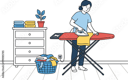 Woman ironing clothes at home with laundry basket and dresser domestic household chore daily routine flat vector illustration